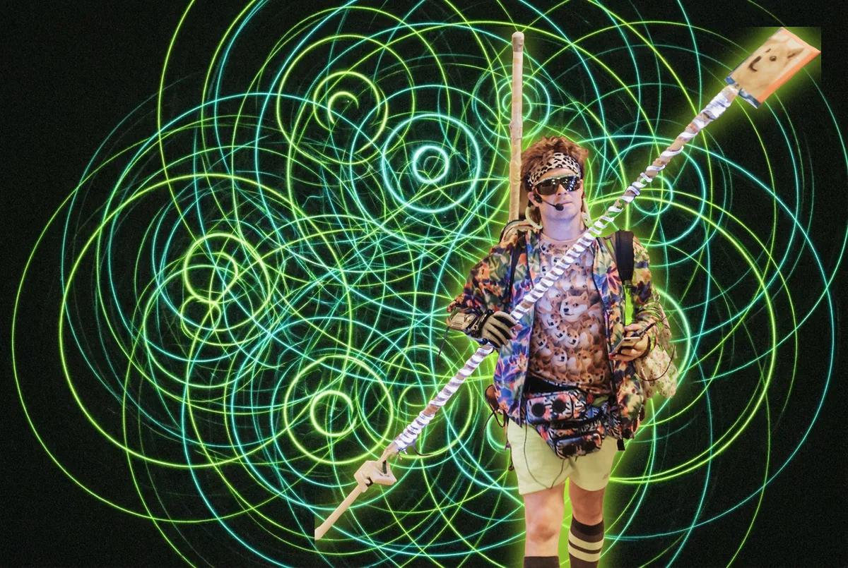 Gary Lachance with an LED pole and headset mic, cut out over abstract neon radio-wave art