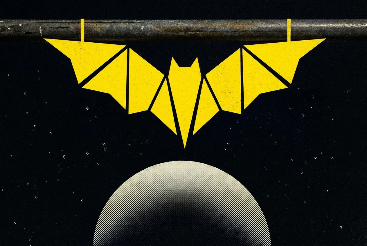 Abstract art: a yellow geometric bat-wing shape hanging upside down from a bar under a halftone moon