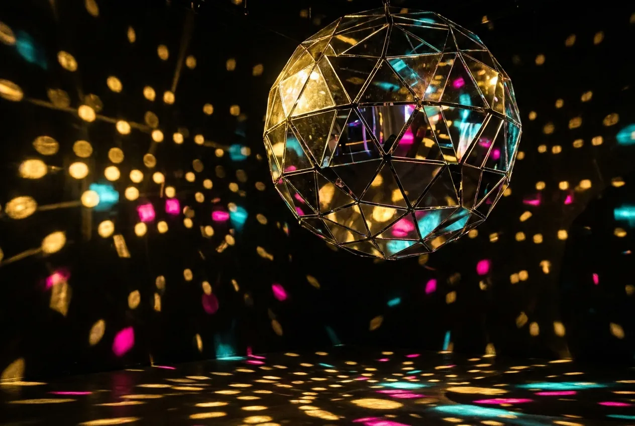 Abstract art: a faceted disco mirror ball scattering gold light spots