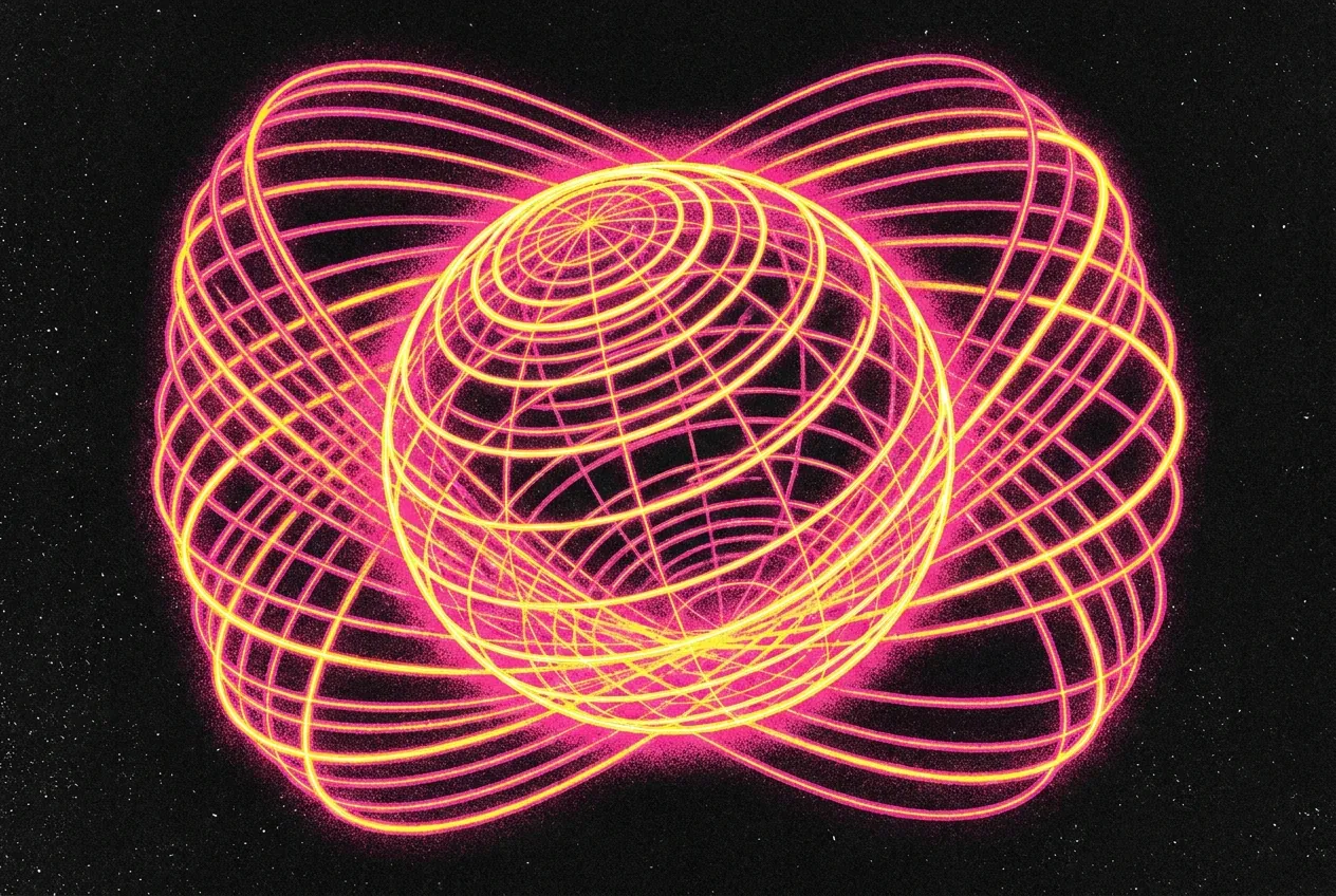 Abstract art: a neon contour globe circled by looping orbit lines