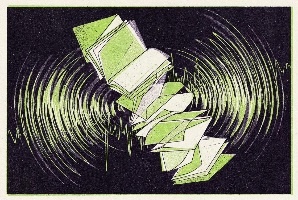 Abstract art: floating pages unfolding into radio waves
